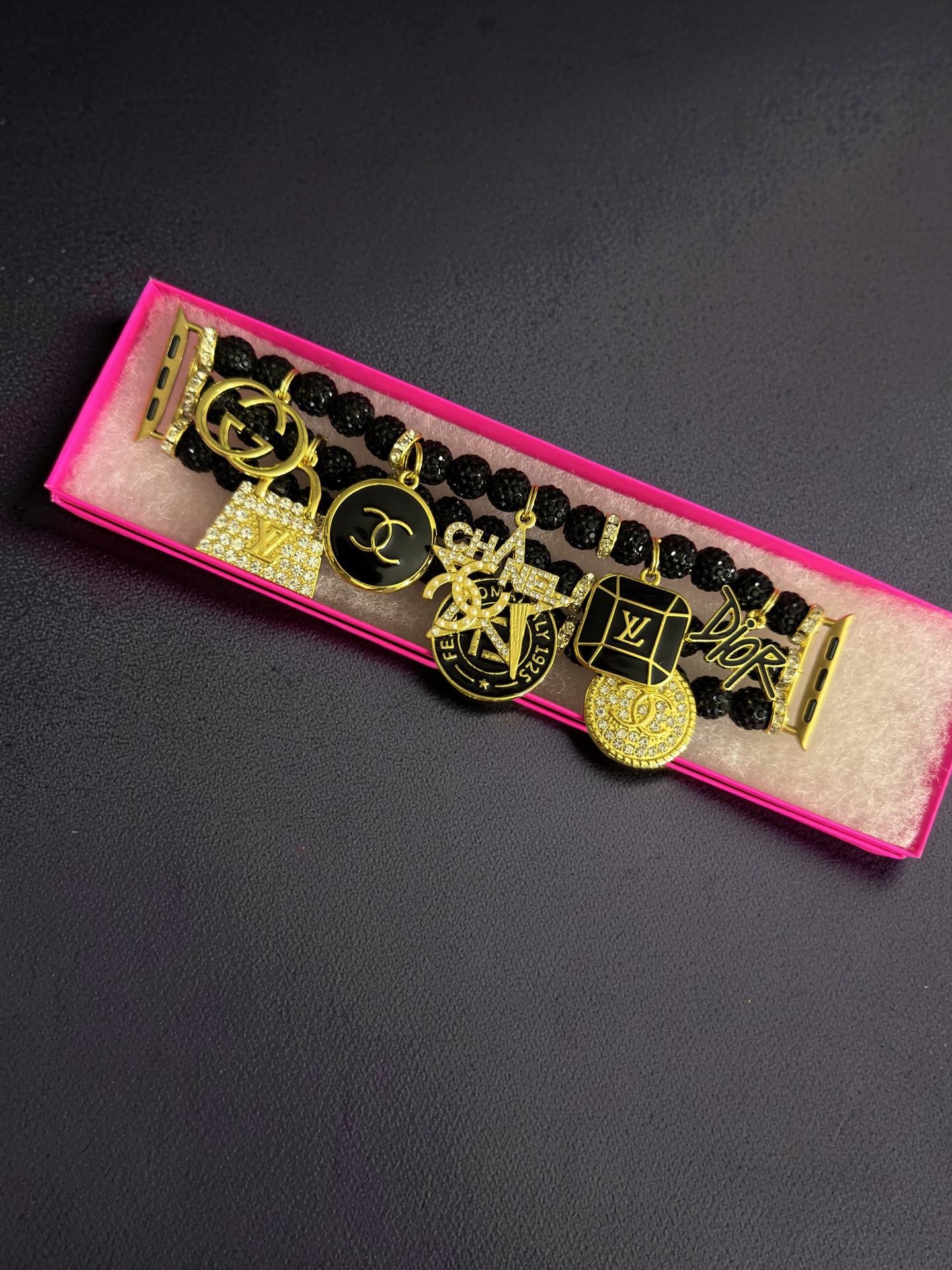 Beaded Apple Watch Band ( Black & Gold)